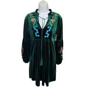 Roiii Woman Bohemian Vintage Velvet Embroidered Long Sleeve Mini Dress Size M